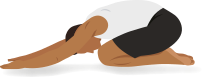 Ilustração de um homem alongando as costas. Ele está ajoelhado no chão, com o quadril relaxado, sentado sobre os calcanhares. Ele deita o tronco para a frente, sobre as coxas, com a cabeça em direção ao chão e os braços estendidos à frente, apoiando as palmas das mãos no chão.
