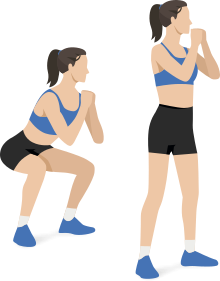 Ilustração de uma mulher com roupas de ginástica realizando um agachamento em duas etapas. Na primeira etapa, ela se agacha com a coluna alinhada e o tronco levemente inclinado para a frente, flexionando os joelhos com as pernas afastadas e os pés levemente voltados para fora. Ela se agacha até que o quadril desça até a altura dos joelhos, com as mãos unidas à frente do peito, com os cotovelos flexionados. Na segunda etapa, ela se levanta, estendendo as pernas e mantendo a coluna alinhada, mantendo as mãos unidas à frente do peito, com os cotovelos flexionados.