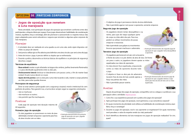 Reprodução de páginas do livro contendo a seção Oficina de práticas corporais.