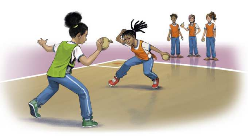 Ilustração representando duas meninas frente a frente em uma quadra, segurando bolas de meia e usando jalecos de cores diferentes. Elas se encaram com as pernas flexionadas e afastadas, correndo e se esquivando uma da outra. Ao fundo estão três integrantes de uma das equipes que estão no jogo, também segurando bolas de meia.