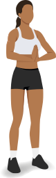 Ilustração de uma mulher em pé alongando os punhos. Ela está com a coluna ereta, unindo as palmas das mãos à frente da barriga, com as pontas dos dedos voltadas para cima. Ela une as mãos com os cotovelos flexionados à altura das costelas, com os ombros relaxados.