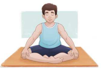 Ilustração representando um homem meditando sentado sobre um colchonete. Ele está de pernas cruzadas, com a postura ereta, com as mãos apoiadas sobre os joelhos e os olhos fechados.