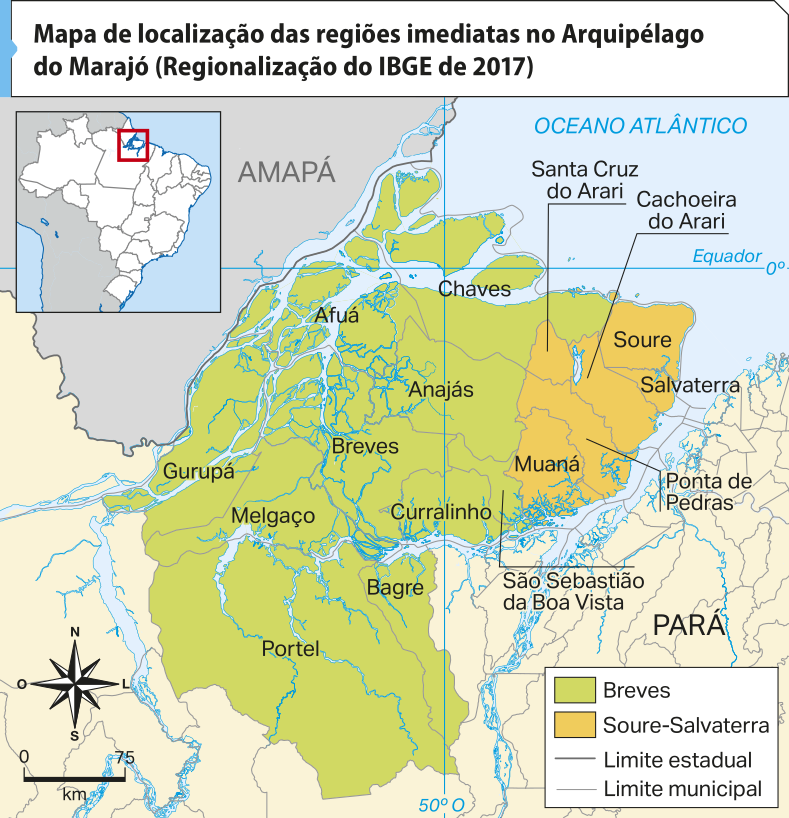 'Mapa de localização das regiões imediatas no Arquipélago do Marajó (Regionalização do I B G E de 2017)': O mapa mostra o norte do Pará, na região de fronteira com o sul do Amapá, dividindo-a entre duas regiões:  Breves, localizada nas porções norte, central, sul e sudoeste do Arquipélago do Marajó, compreendendo as regiões de Gurupá, Melgaço, Chaves, Afuá, Anajás, Breves, Portel, Bagre e Curralinho, com a cidade de São Sebastião da Boa Vista. Soure-Salvaterra, localizada na porção nordeste do arquipélago, compreendendo as regiões de Muaná, Soure e Salvaterra, além das cidades de Santa Cruz do Arari, Ponta das Pedras e Cachoeira do Arari.