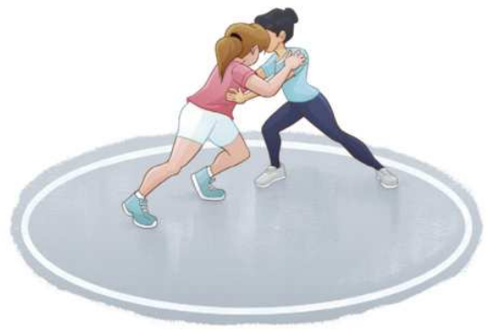 Ilustração de duas mulheres em luta no interior de um círculo desenhado no chão, apoiando-se com as pernas flexionadas e afastadas, uma atrás e outra à frente, agarrando-se com os braços nas regiões dos ombros e do tronco, com os corpos inclinados para a frente.