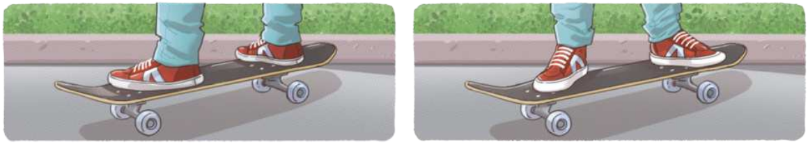 Há duas ilustrações:  À esquerda, a ilustração mostra pés de uma pessoa usando tênis, paralelos sobre o skate, levemente afastados, com o pé esquerdo à frente;  À direita, a ilustração representa os pés de uma pessoa de tênis sobre o skate, levemente afastados, com o pé direito à frente, ligeiramente voltado para fora.