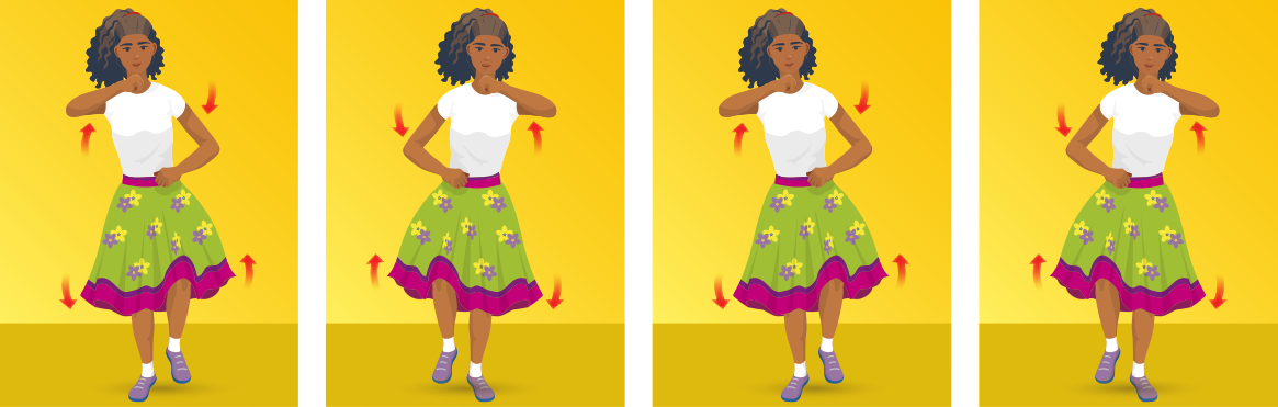 Ilustração representando em quatro etapas uma garota de saia florida executando um passo de maracatu. Na primeira etapa, pisando com o pé direito, ela ergue levemente o joelho esquerdo e ergue o antebraço direito até a altura dos ombros, na horizontal. Enquanto isso, o antebraço esquerdo dela desce até a cintura, com o cotovelo flexionado e a mão à frente da barriga. Na segunda etapa, ela pisa com o pé esquerdo, ergue levemente o joelho direito e ergue o antebraço esquerdo até a altura dos ombros, na horizontal. Enquanto isso, o antebraço direito dela desce até a cintura, com o cotovelo flexionado e a mão à frente da barriga. Na terceira etapa, pisando com o pé direito, ela ergue levemente o joelho esquerdo e ergue o antebraço direito até a altura dos ombros, na horizontal. Enquanto isso, o antebraço esquerdo dela desce até a cintura, com o cotovelo flexionado e a mão à frente da barriga. Na quarta etapa, ela pisa com o pé esquerdo, ergue levemente o joelho direito e ergue o antebraço esquerdo até a altura dos ombros, na horizontal. Enquanto isso, o antebraço direito dela desce até a cintura, com o cotovelo flexionado e a mão à frente da barriga.