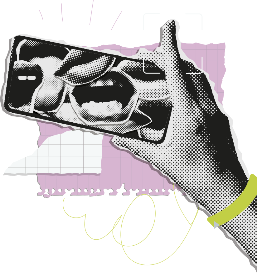 Ilustração de mão segurando um smartphone na posição horizontal, com a tela mostrando diversas imagens de bocas. Algumas estão abertas, outras beijando, e outras mostrando a língua.