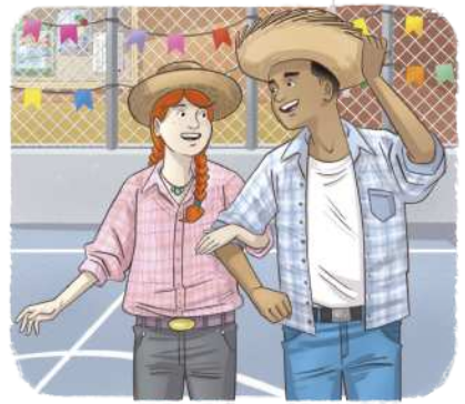 Ilustração representando uma menina de braço dado com um menino em uma quadra poliesportiva, ambos caracterizados com trajes de festa junina, usando chapéus de palha e camisas de estampa xadrez.