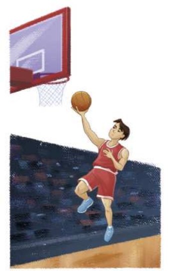 Ilustração de um jogador de basquete saltando em direção a uma cesta, com o braço erguido à frente, segurando a bola no alto.