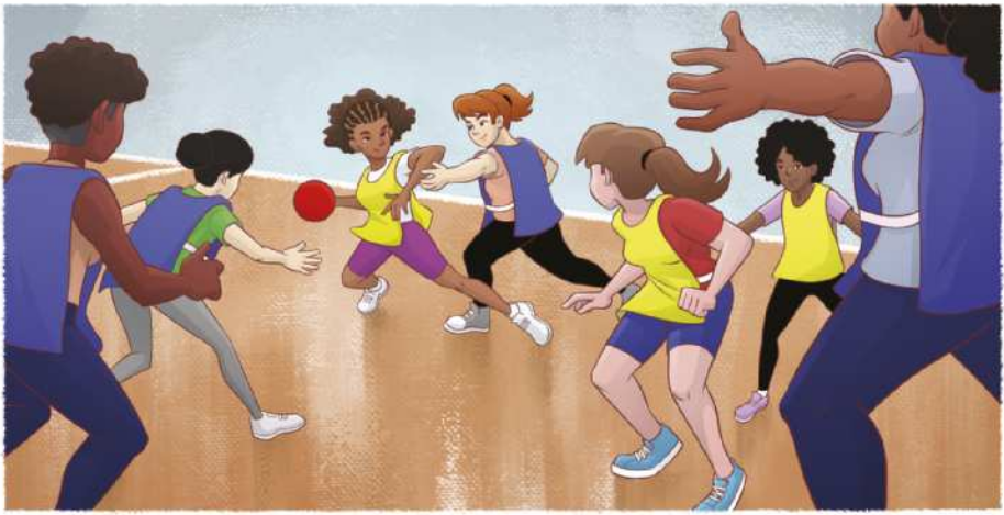 Ilustração de jovens jogando handebol em uma quadra, vestidas com jalecos de duas cores diferentes. Uma garota está segurando a bola e se esquiva de uma adversária, protegendo o corpo com o braço.