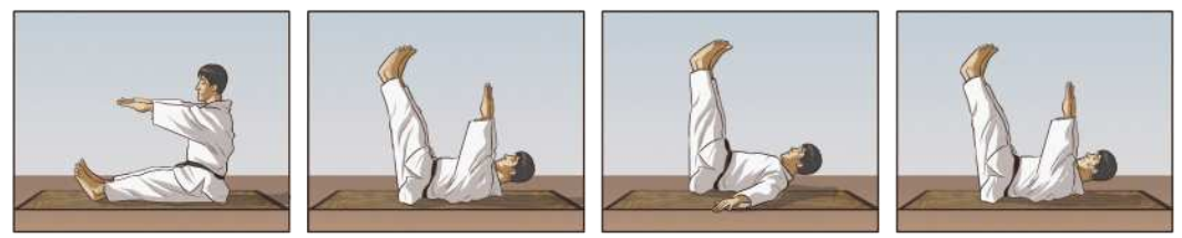 Ilustração de um garoto executando a queda ushiro-ukemi em 4 etapas. Elas são as seguintes: 1. O garoto está sentado em um colchonete, com as pernas estendidas à frente e os braços erguidos à frente, à altura dos ombros. 2. O garoto se deita de costas no colchonete, mantendo os braços e pernas estendidos, porém agora estão voltados para cima. 3. Ainda com as pernas para o alto, ele desce os braços ao chão e bate com as palmas das mãos no chão ao lado do corpo. 4. Ele volta a estender os braços para o alto, alinhados com os ombros, ainda deitado e com as pernas estendidas para cima.