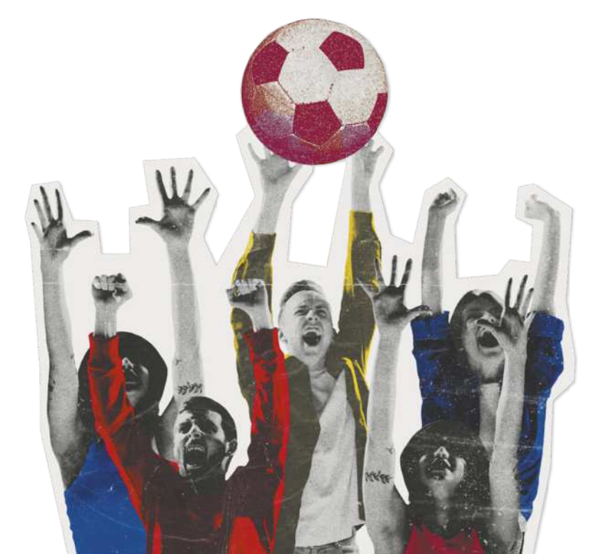 Ilustração com fotografias em preto e branco de pessoas gritando com os braços erguidos para o alto, em direção a uma bola de futebol. Elas usam camisetas colorizadas: algumas com a cor vermelha, outras com a cor azul, e um deles usa uma jaqueta amarela.