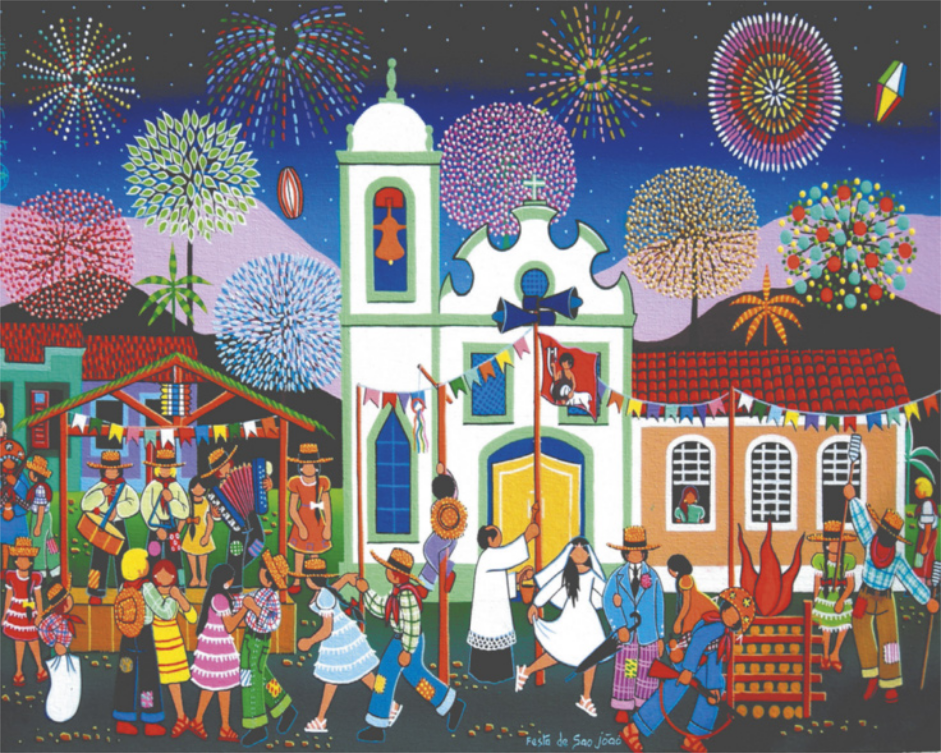 Pintura representando uma festa de rua em uma cidade, à noite, com fogos de artifício no céu. Uma banda está tocando zabumba, sanfona e triângulo em um palco, e há pessoas dançando e brincando na rua, entre elas uma mulher vestida de noiva e um padre hasteando uma bandeira de São João em frente a uma igreja.