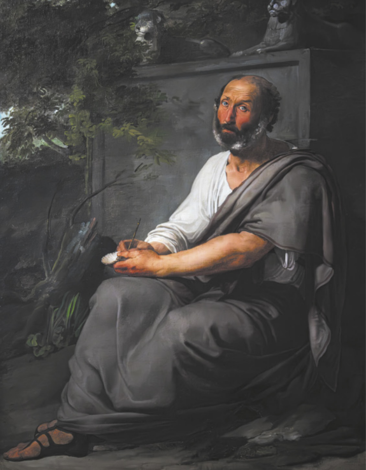 Pintura que retrata Aristóteles. Ele está sentado no chão e escreve em uma placa, apoiada sobre o seu joelho. Ele é calvo, possui barba grisalha e usa um manto ao redor do corpo.