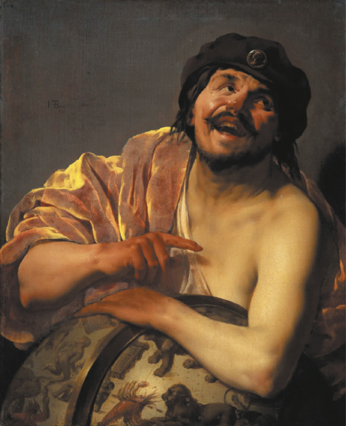 Pintura que representa Demócrito sorrindo. Ele possui barba, bigode e cabelos escuros, usa boina e manto sobre o ombro direito e está com o braço esquerdo apoiado sobre uma esfera.