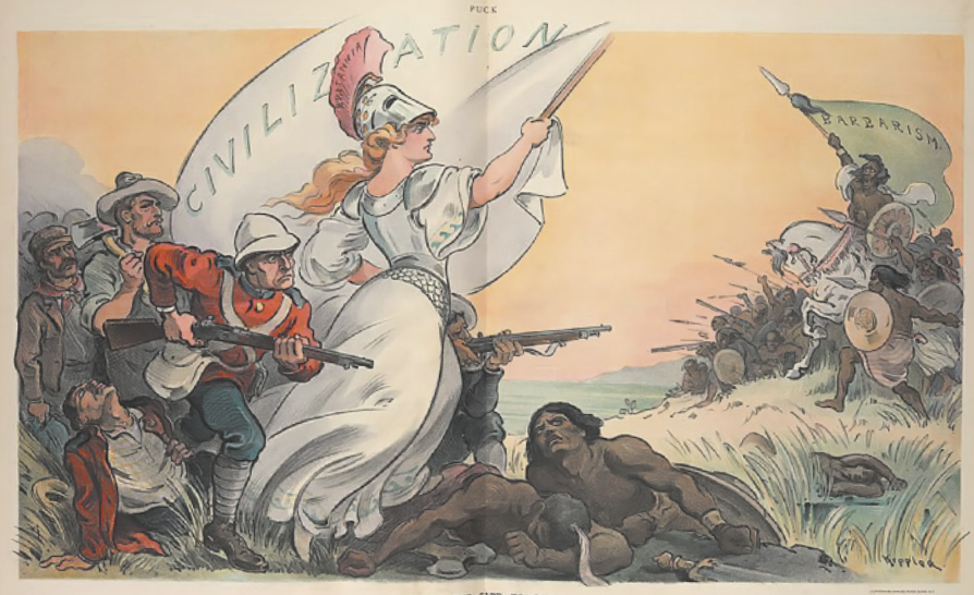 Ilustração que representa o contato entre europeus colonizadores e povos nativos. Os europeus, à esquerda, carregam armas de fogo e seguem uma mulher que usa elmo e agita uma bandeira com a palavra civilização em inglês. Aos pés dela, há duas pessoas negras caídas. Os povos nativos, à direita, portam escudos e lanças. Um deles, sobre um cavalo, segura uma bandeira com a palavra barbárie em inglês.