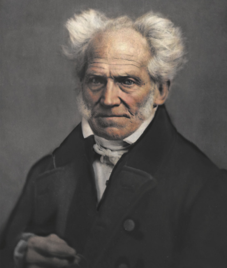 Retrato de Arthur Schopenhauer. Ele é idoso, calvo, possui cabelos arrepiados e costeletas e usa casaco.
