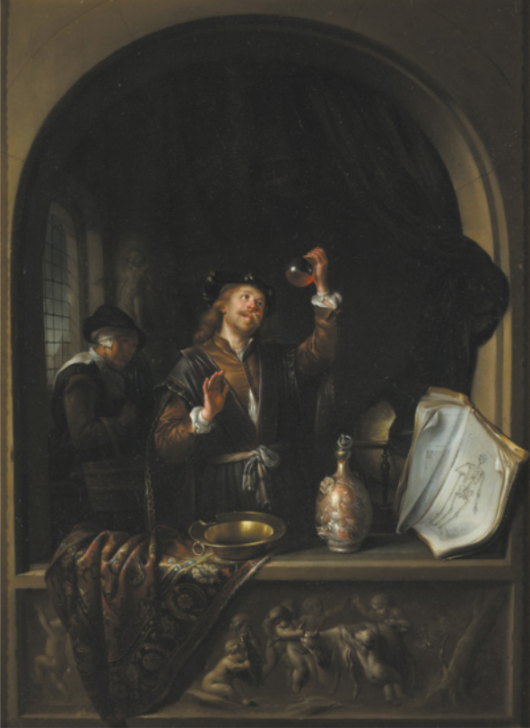 Pintura representando um homem. Ele está em uma janela e ergue uma garrafa arredondada transparente. Sobre o parapeito da janela, há um recipiente, um jarro e um livro aberto, com a figura de um esqueleto. Atrás do homem, à esquerda, encontra-se uma mulher segurando um balde.