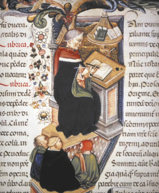 Imagem de manuscrito com uma ilustração que representa monges. Um deles está sentado diante de uma mesa, escrevendo em um livro.