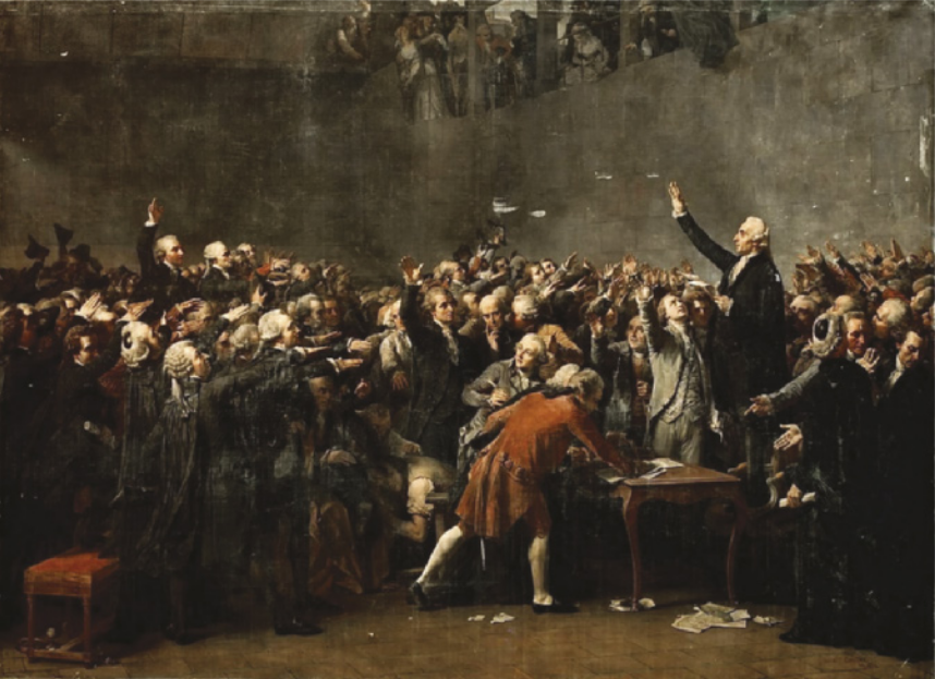 Pintura representando uma assembleia. À direita, um homem está em pé sobre uma cadeira, com o braço direito erguido. Ao redor dele, diversos indivíduos fazem o mesmo gesto e alguns deles erguem os chapéus. Na frente do indivíduo sobre a cadeira, três homens se apoiam em uma mesa e assinam um documento.