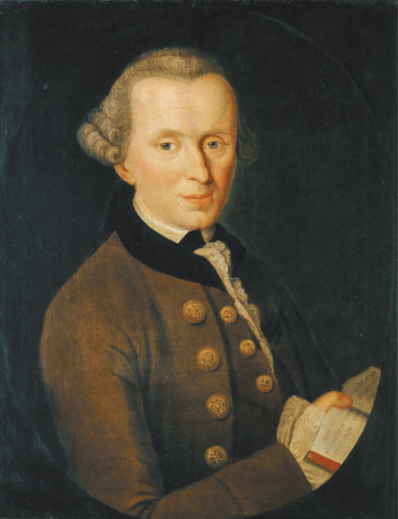 Pintura que retrata Immanuel Kant. Ele é branco, possui cabelo grisalho cacheado, usa casaco com botões e segura um livro aberto.