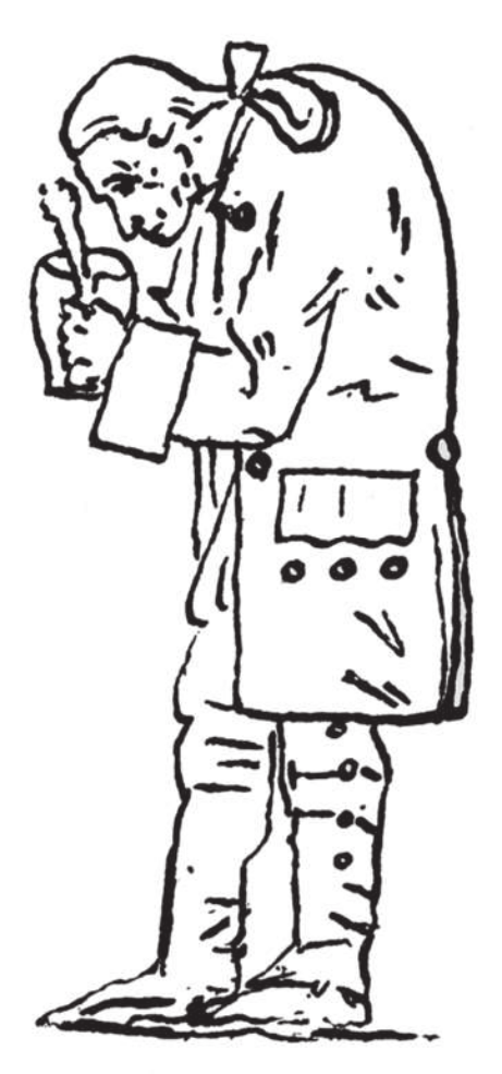 Caricatura que representa Kant como um homem corcunda, segurando um recipiente com alça lateral.