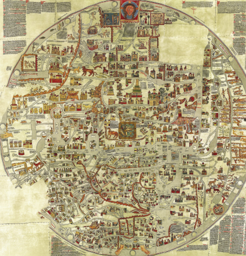 Imagem de mapa-múndi medieval. Os mares, territórios, construções e animais estão representados em um círculo em cujo topo há uma cabeça humana. A parte inferior do círculo contém dois pés e as laterais esquerda e direita possuem duas mãos abertas.