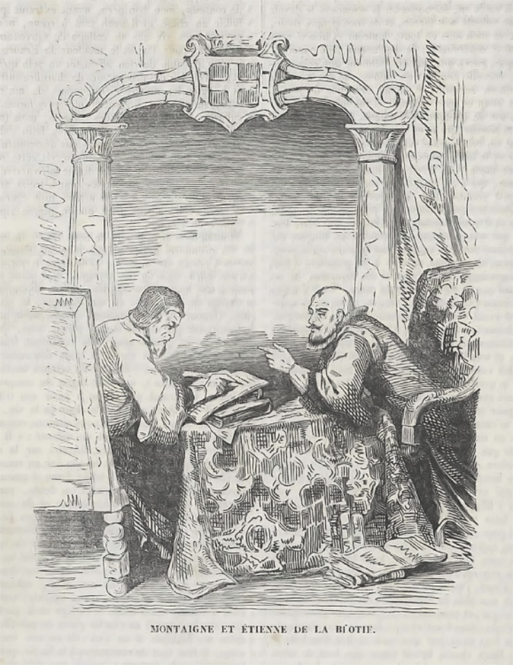 Gravura em preto e branco que representa dois amigos. Eles estão sentados ao redor de uma mesa. Um deles, à direita, é careca, possui bigode e cavanhaque, está com o cotovelo apoiado sobre a mesa e gesticula com a mão esquerda. O outro amigo, à esquerda, possui barba longa, usa uma touca e escreve em um livro.