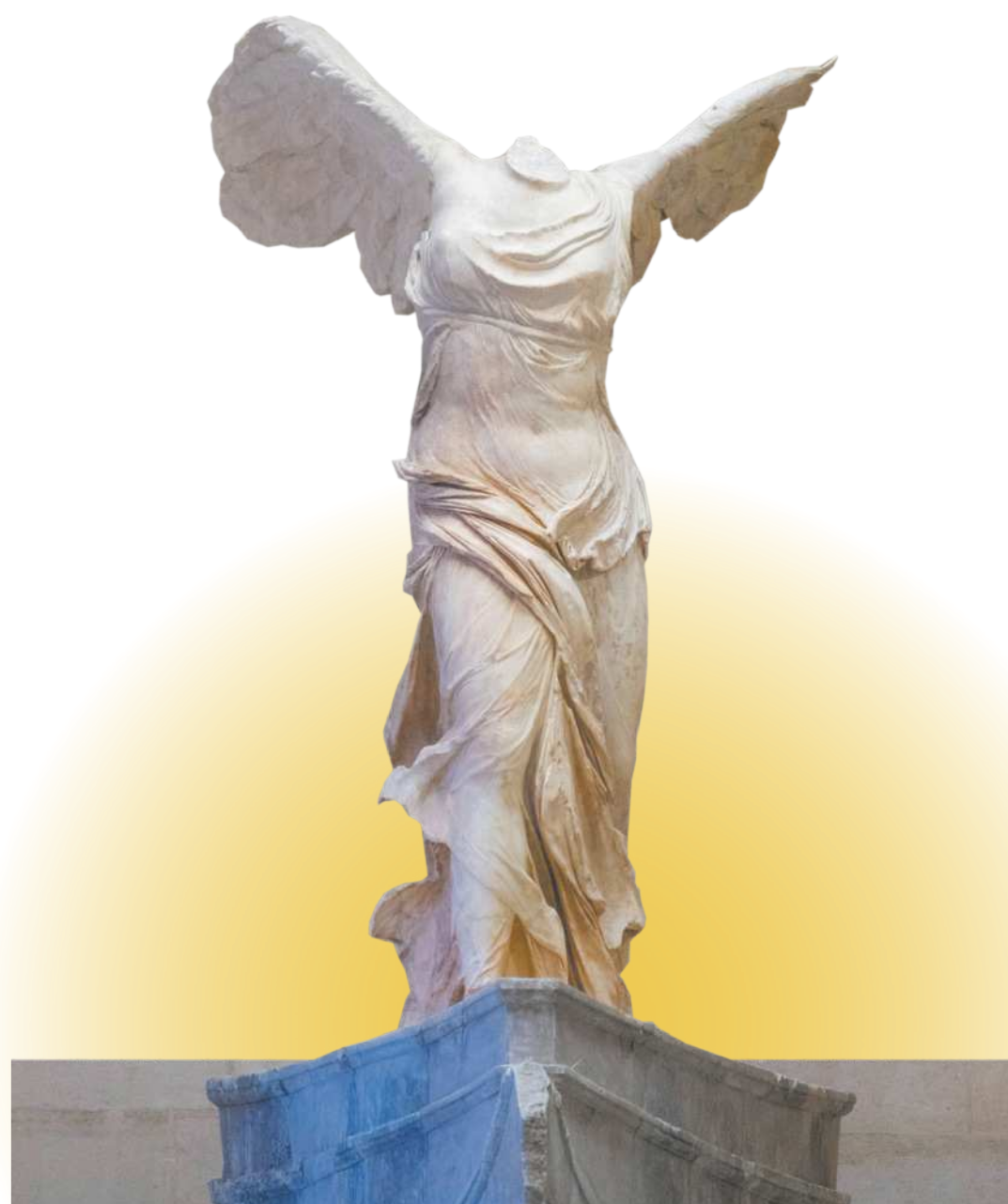 Imagem de escultura que representa uma figura feminina alada. Ela está parcialmente destruída, sem os braços e a cabeça, e usa um vestido longo drapeado.