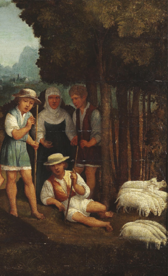 Pintura representando pastores. Um deles está sentado no chão, ao lado de um rebanho de ovelhas. O segundo pastor, à esquerda, segura um cajado com a mão esquerda e está com um anel no dedo indicador direito. Ao lado dele, há um casal de mãos dadas.