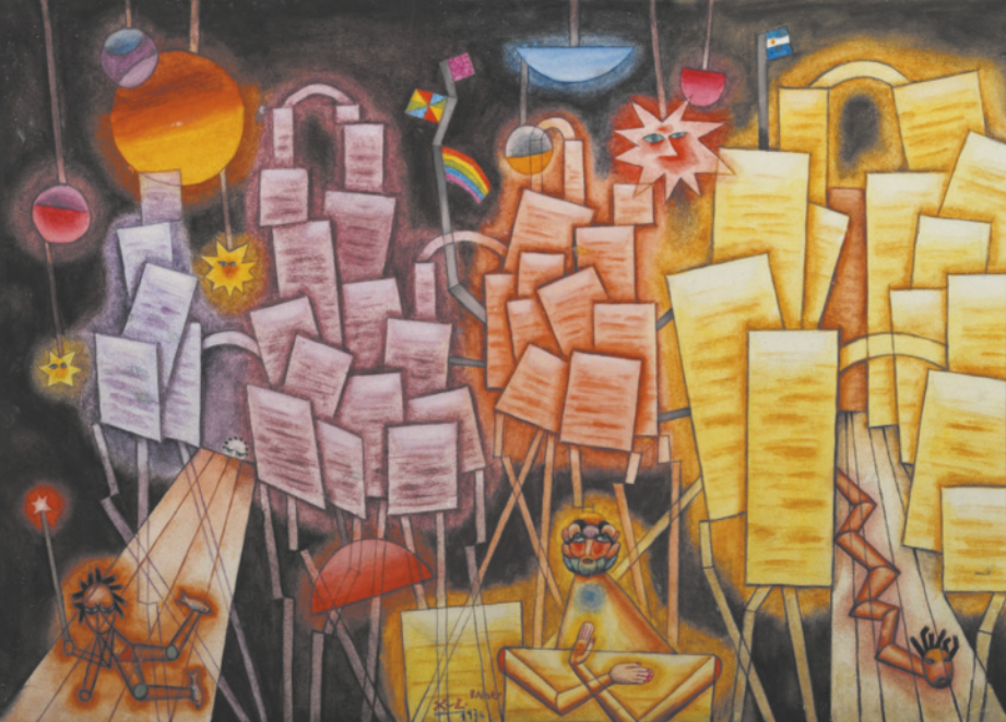Pintura que representa uma paisagem com painéis retangulares, sóis, planetas e três seres antropomorfos.