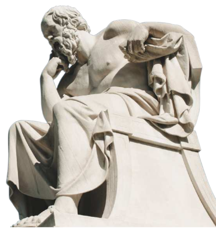 Imagem de escultura que representa Sócrates sentado, com o queixo apoiado sobre a mão direita. Ele possui barba longa e está sentado, com um manto ao redor do corpo.