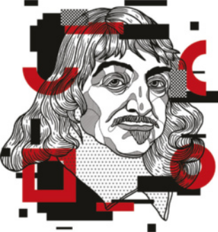 Ilustração que retrata René Descartes. Ele possui cabelos ondulados que se estendem até os ombros, sobrancelhas grossas, bigode e cavanhaque. Há retas e formas geométricas sobrepostas ao retrato.