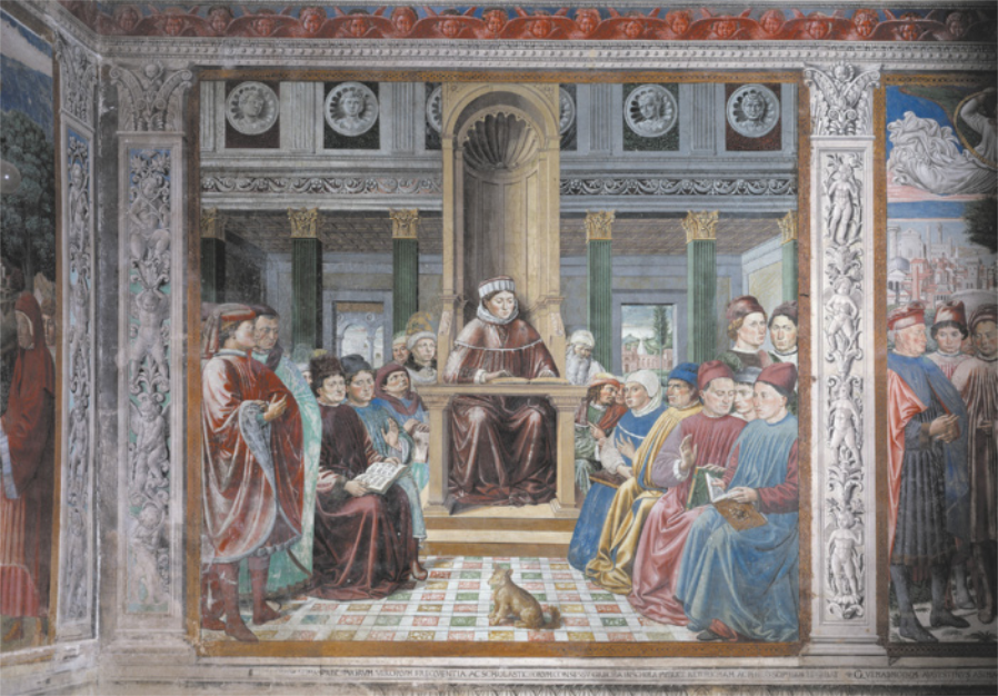 Pintura representando homens ao redor de um professor. Ele está ao centro, sentado diante de uma mesa, com vestes clericais. Os homens estão frente a frente, ao longo de duas fileiras. Em frente à mesa do professor, há um cachorro sentado.