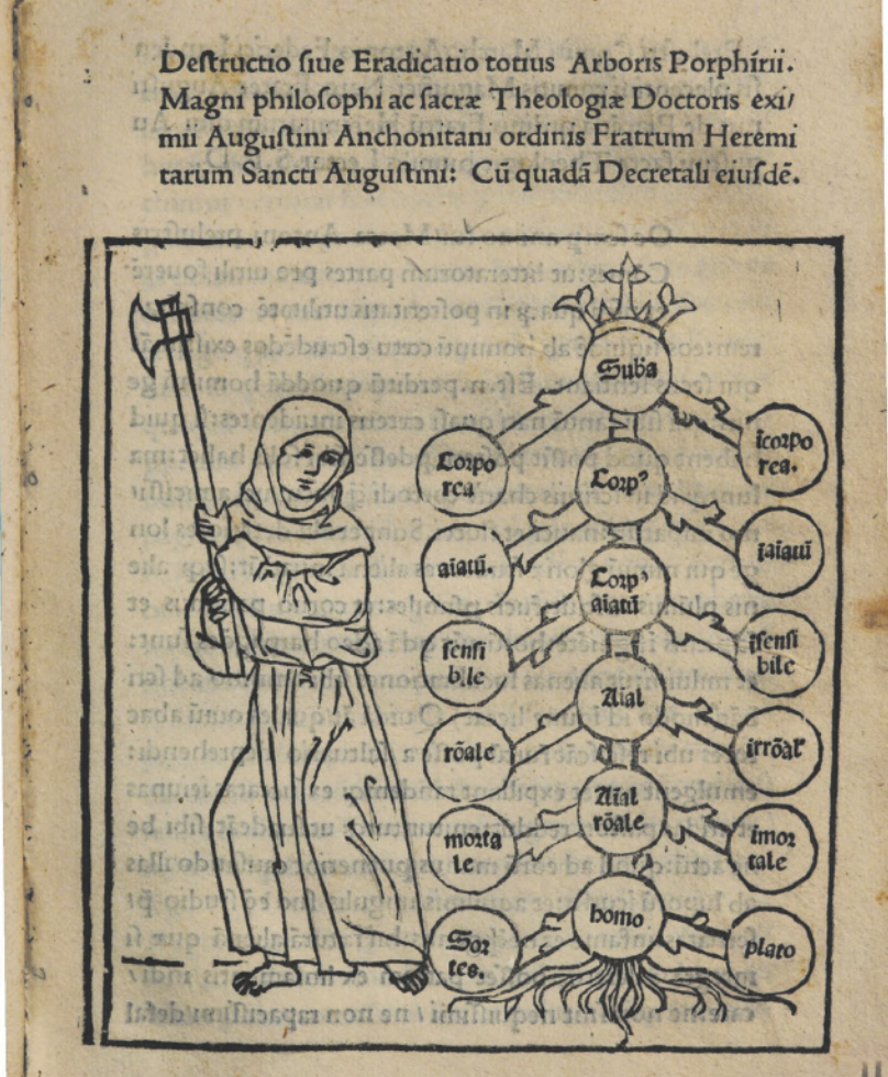 Imagem de página de livro ilustrada. A ilustração representa um monge erguendo um machado para uma árvore, cujos galhos e tronco possuem círculos com inscrições.