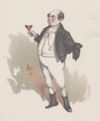 Ilustração representando Mister Pickwick. Ele é branco, calvo, obeso, usa botas, calça, colete, sobretudo e óculos, está com um relógio de bolso e segura uma taça.