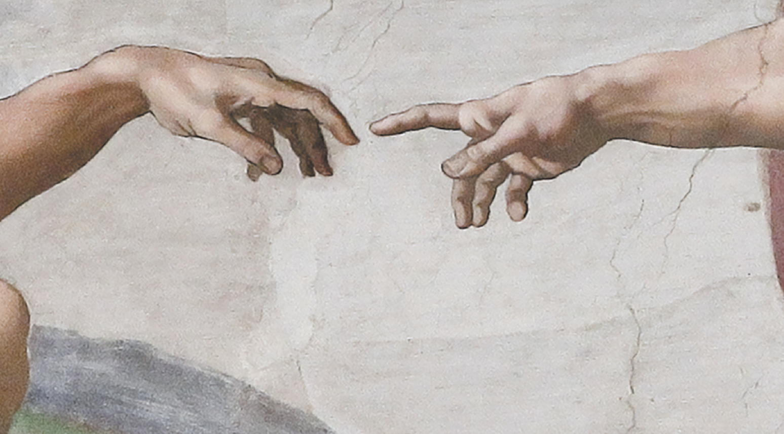 Detalhe de pintura que representa duas mãos de pessoas diferentes. As mãos se aproximam uma da outra com o dedo indicador estendido.