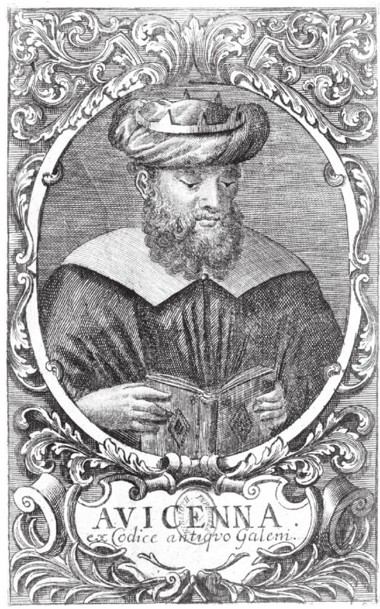 Gravura em preto e branco que retrata Avicena lendo. Ele usa coroa sobre um turbante e possui barba longa.
