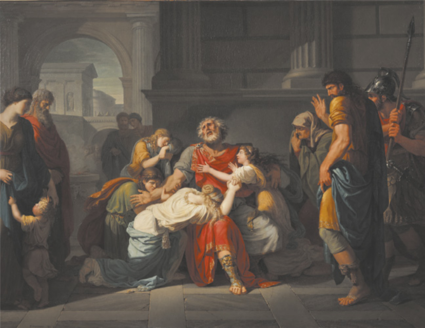 Pintura representando Édipo com seus filhos. Ele está sentado ao centro, com expressão de desespero. Uma das filhas, à direita, o abraça. Outra filha, mais velha, está ajoelhada ao lado do pai e encosta o rosto na perna dele. Um dos filhos, também ajoelhado, segura o braço direito de Édipo. Atrás dele, outro filho se apoia em uma mureta, com expressão triste. Ao redor deles, encontram-se homens, mulheres, uma criança e um soldado armado com lança.