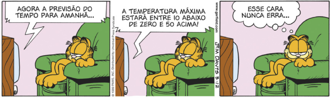 Tirinha do Garfield em três quadros. Q1: Garfield está sentado em uma poltrona, assistindo televisão com expressão de tédio. O programa televisivo anuncia: 'Agora a previsão do tempo para amanhã...'. Q2: Garfield continua com a mesma expressão. O programa informa: 'A temperatura máxima estará entre 10 abaixo de zero e 50 acima!'. Q3: sorrindo, Garfield pensa: 'Esse cara nunca erra...'.