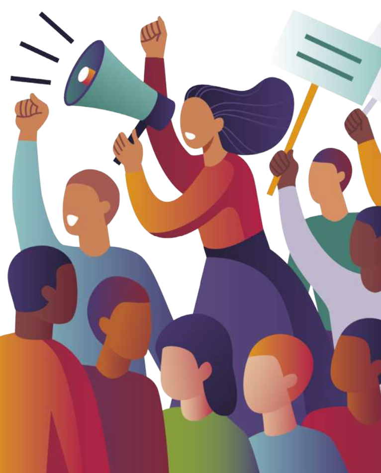 Imagem de manifestantes. Entre eles, uma mulher está com um megafone.