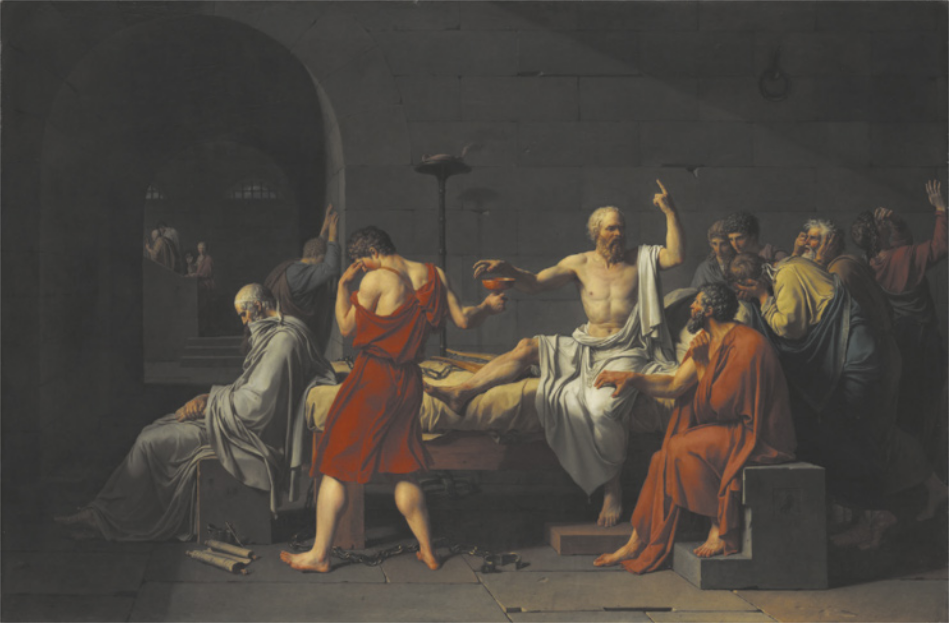 Pintura representando uma execução. O condenado, ao centro, é um homem idoso sentado em um leito. Ele aponta o dedo indicador esquerdo para cima e estende a mão direita sobre um cálice, oferecido por um jovem com a cabeça baixa. À direita, um grupo de homens está com expressão triste e um deles, sentado ao lado do leito, coloca a mão sobre a perna do condenado. À esquerda, um homem idoso está cabisbaixo, sentado de costas para o leito.