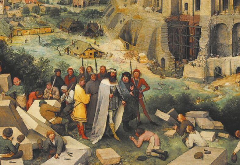 Detalhe de uma pintura que representa a construção de uma torre. Um grupo de pessoas segue um rei que estende a mão esquerda para um indivíduo ajoelhado diante dele. À direita, outros dois homens estão ajoelhados. À esquerda, trabalhadores transportam e quebram blocos de pedra.