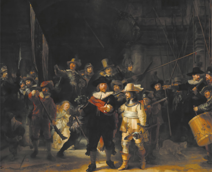 Pintura representando soldados reunidos em frente a um edifício. Um indivíduo, ao centro, estende o braço esquerdo para frente, com a palma da mão voltada para cima. Ao lado dele, encontra-se um homem segurando uma espada embainhada. Atrás deles, os soldados estão armados com mosquetes e lanças. Entre eles, há um homem com uma bandeira e uma menina. À direita, um homem toca tambor.
