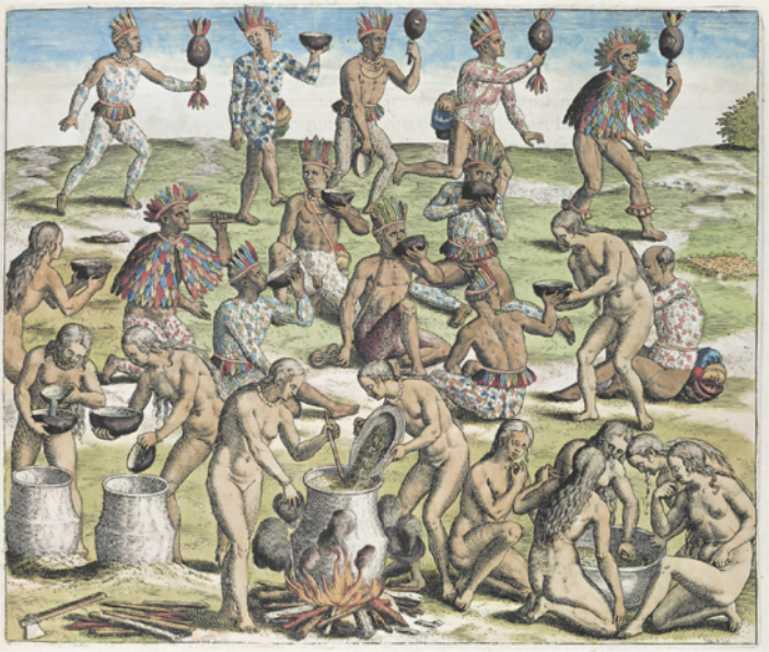 Gravura que representa homens e mulheres indígenas. Na parte inferior, as mulheres separam ingredientes e os despejam em um caldeirão sobre uma fogueira. Duas delas levam cumbucas para os homens, que estão sentados em roda ao centro, fazendo a refeição. Atrás deles, cinco homens caminham enfileirados e agitam chocalhos.