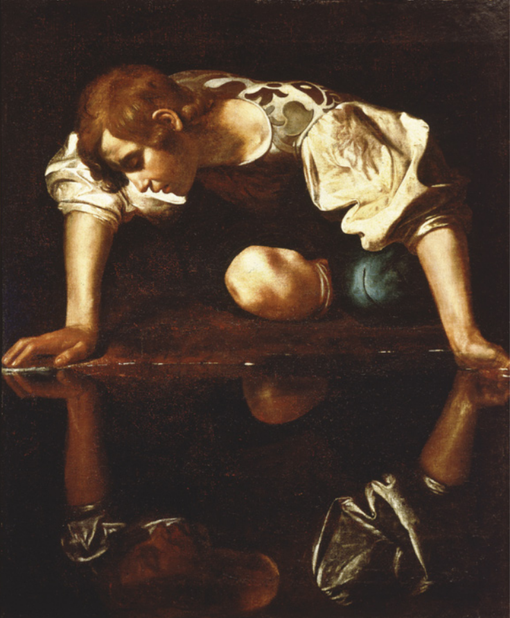 Pintura que representa um homem sentado na margem de um lago. Ele está com a mão esquerda na água e admira o próprio reflexo.