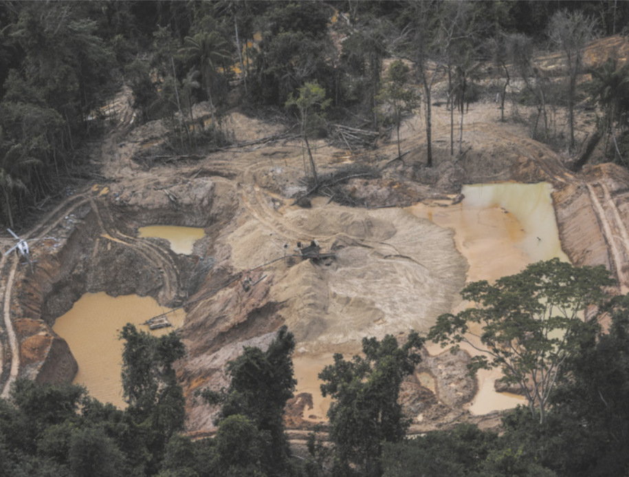 Imagem de área de extração de minério em uma floresta. A área contém tanques com água turva, um deles ligado a uma calha inclinada.