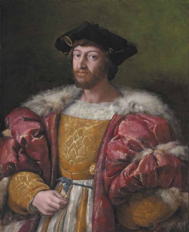 Pintura que retrata Lourenço de Médici. Ele possui barba e usa túnica, chapéu achatado e casaco com mangas almofadadas e gola de pelos.