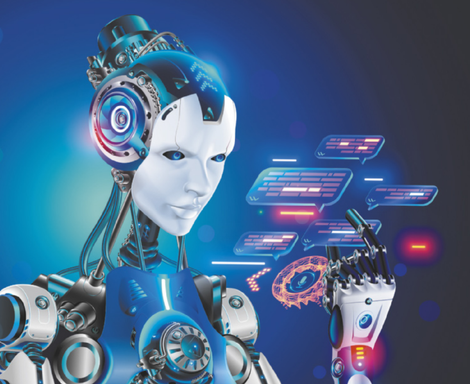 Ilustração que representa um androide tocando telas e ícones digitais flutuantes.
