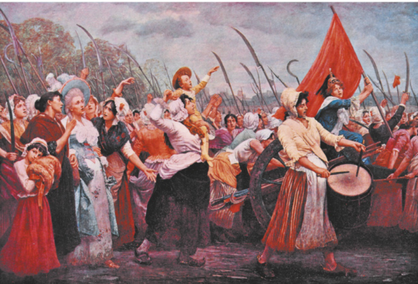 Pintura representando mulheres com foices. Uma das mulheres, ao centro, carrega uma criança no ombro esquerdo. Atrás dela, outras duas mulheres estão com uma menina, que abraça um barrete frígio. À direita, uma jovem toca tambor ao lado de uma carroça, na qual se encontra uma mulher com elmo e bandeira. Todas caminham na mesma direção.